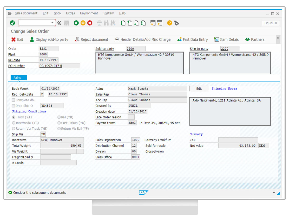 Liquid UI for SAP GUI - SAP SD - Change Sales Order