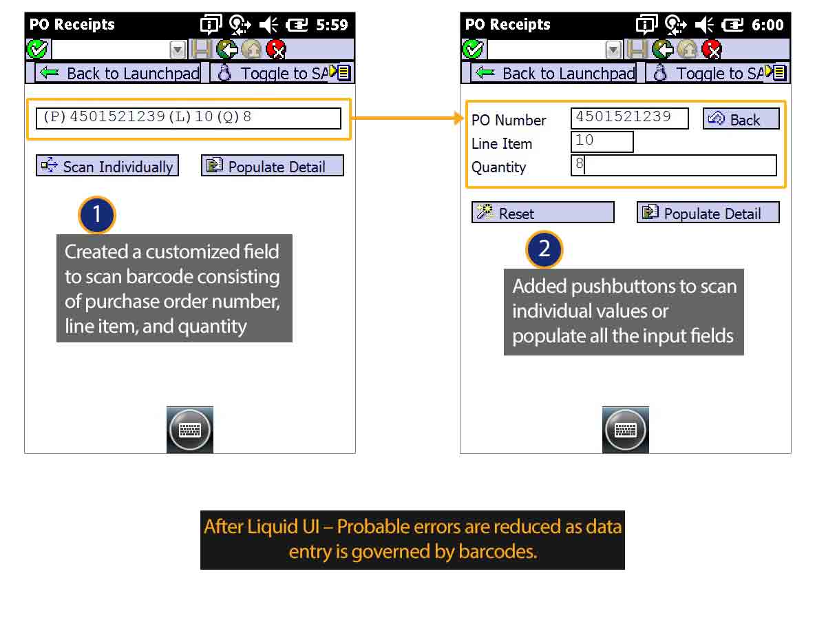 Liquid UI for Handheld Scanguns - SAP WM - PO Number, Line Item and Quantity