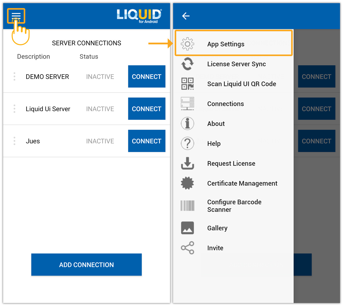 Open App Settings from Main Menu in Liquid UI for Android