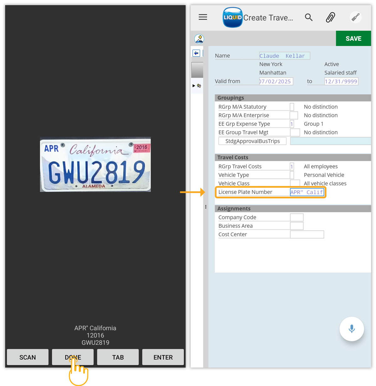 Inserts scanned value into input field upon tapping Done
