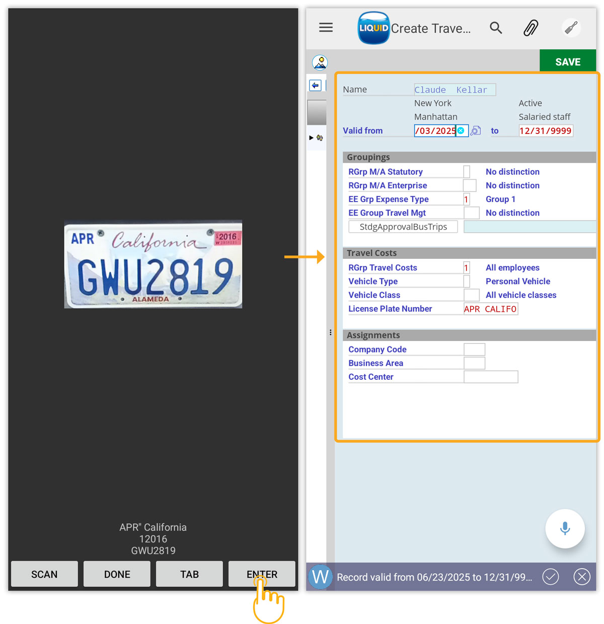 Inserts scanned value and triggers Enter function, replicating SAP GUI behavior