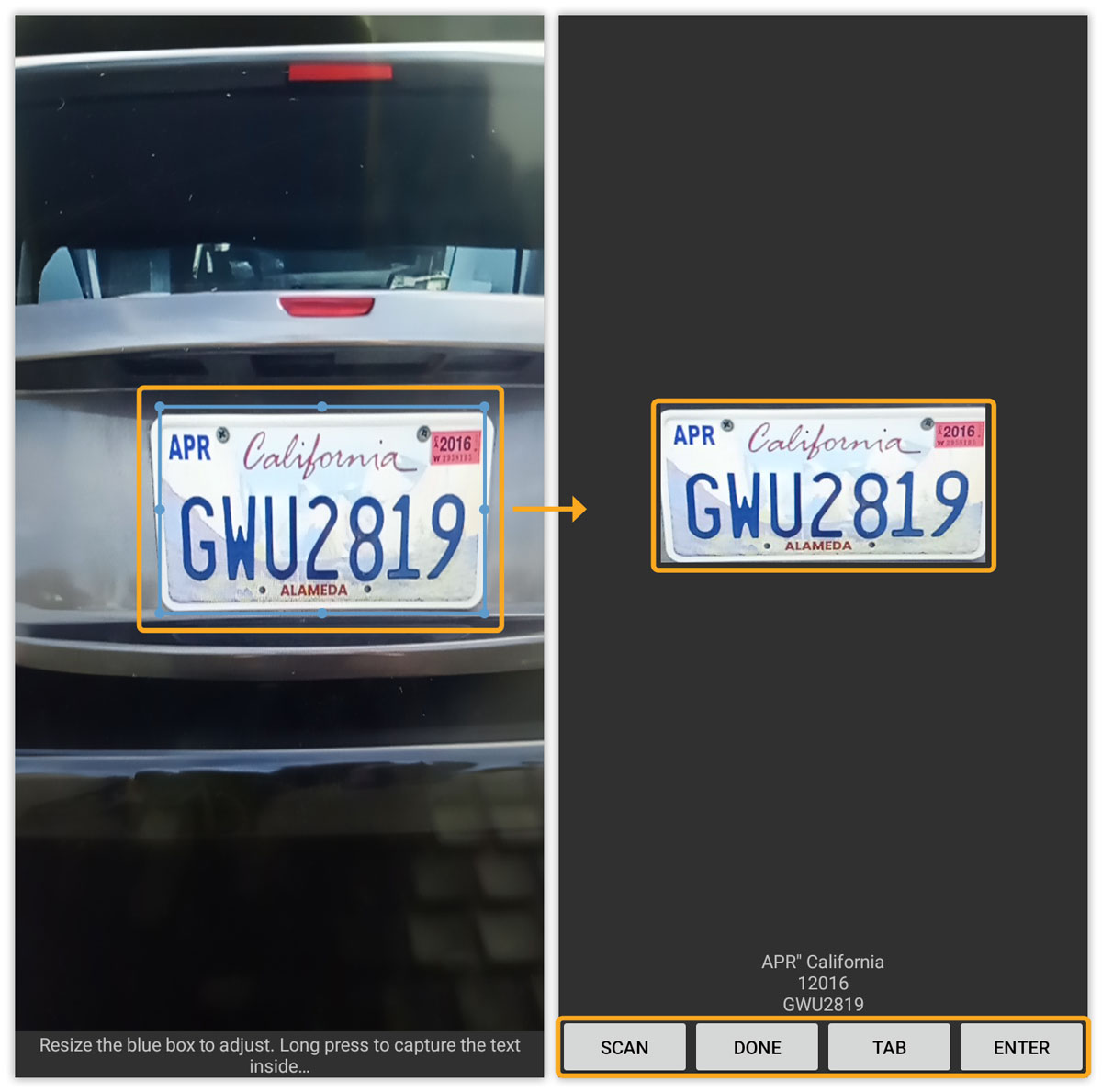 Scan selected text via long-press to display recognized text with four action options