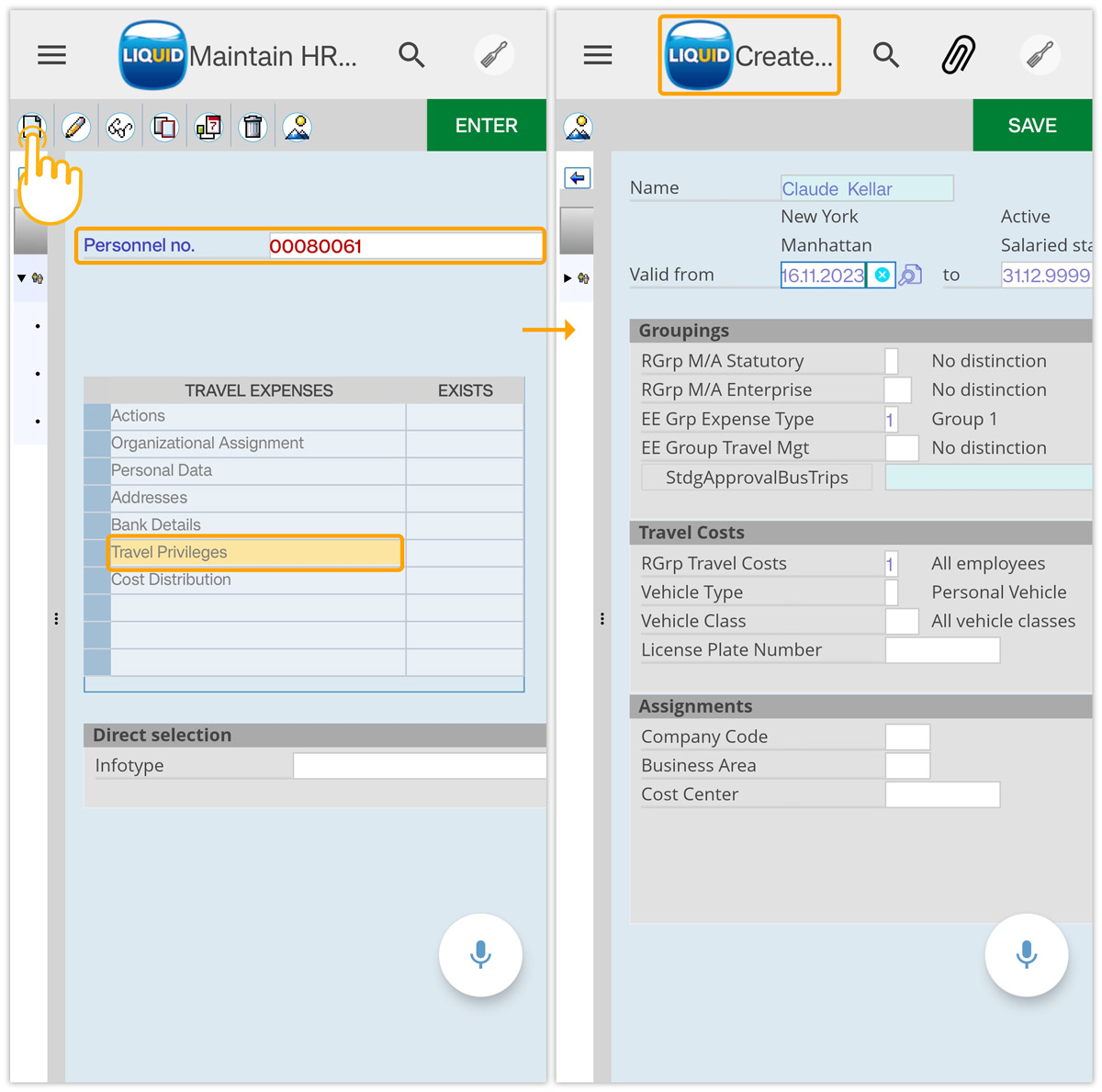 Accessing Create Travel Privileges screen in SAP