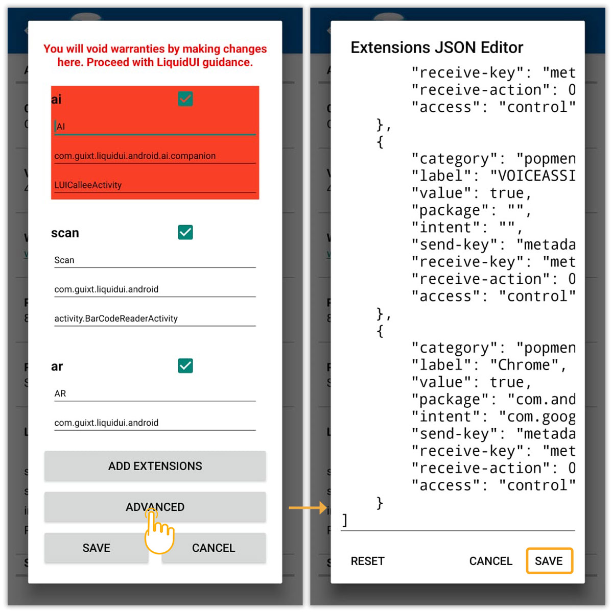 JSON editor for editing extension data