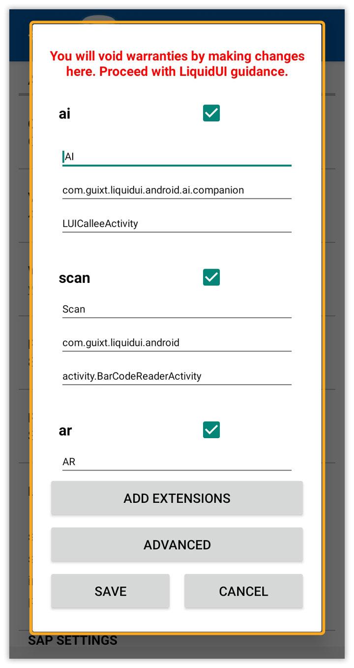 Extensions Dialog displaying configured extensions