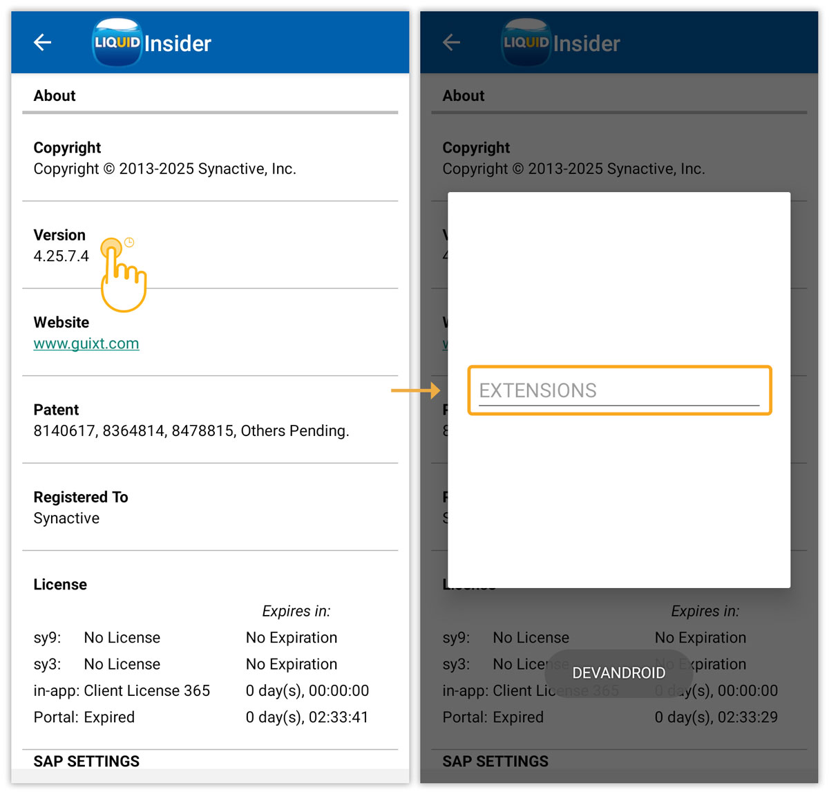 Unlock Extensions screen by long‑pressing the Version field