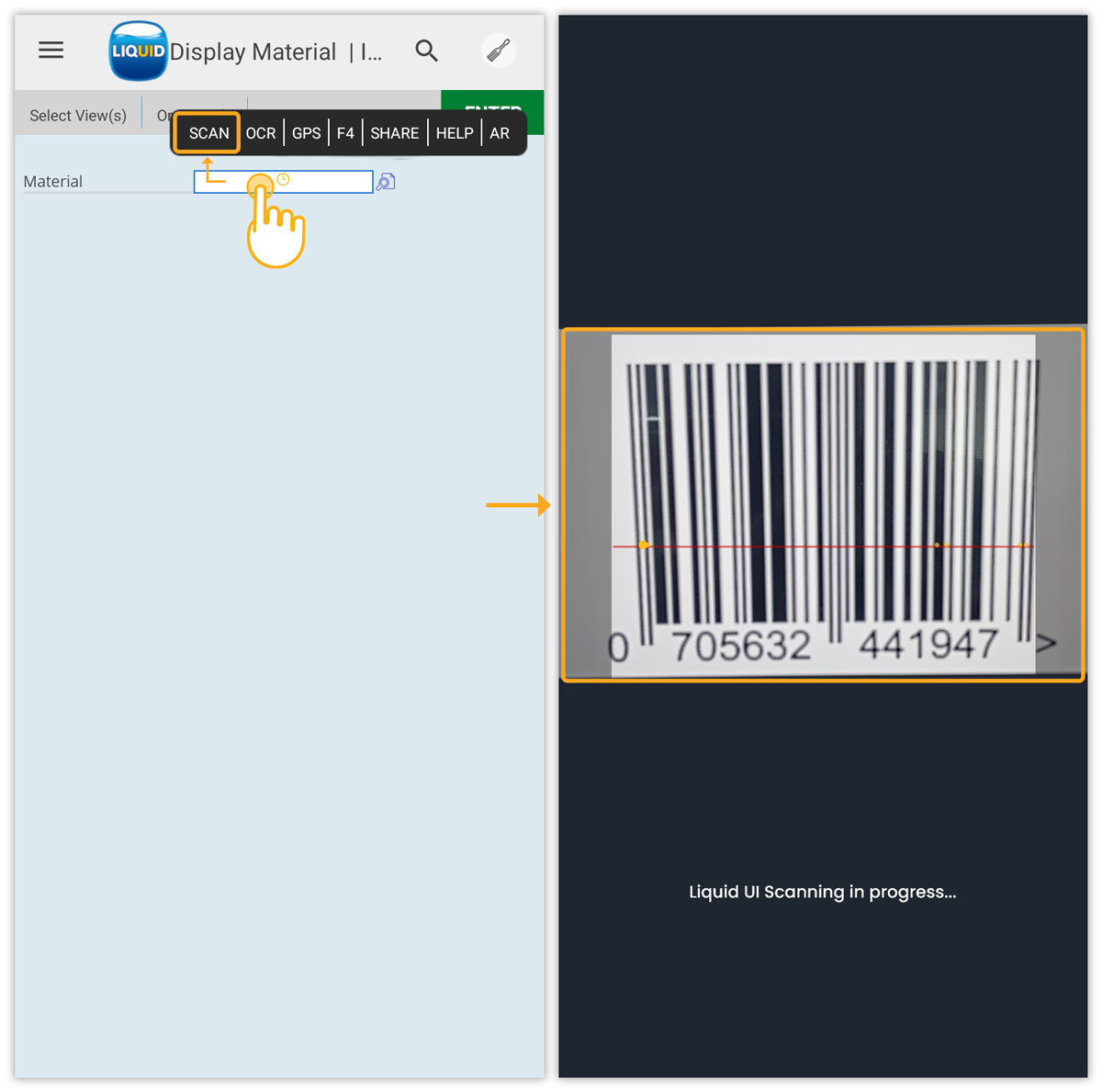 Long-press Material field and use SCAN to capture barcode with camera