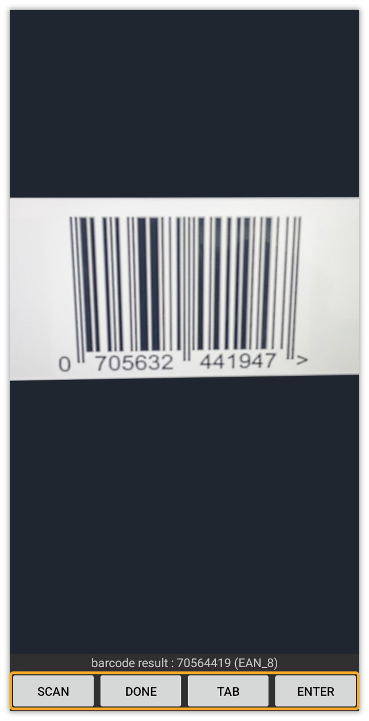 Scanned barcode value appears with SCAN, DONE, TAB, and ENTER options