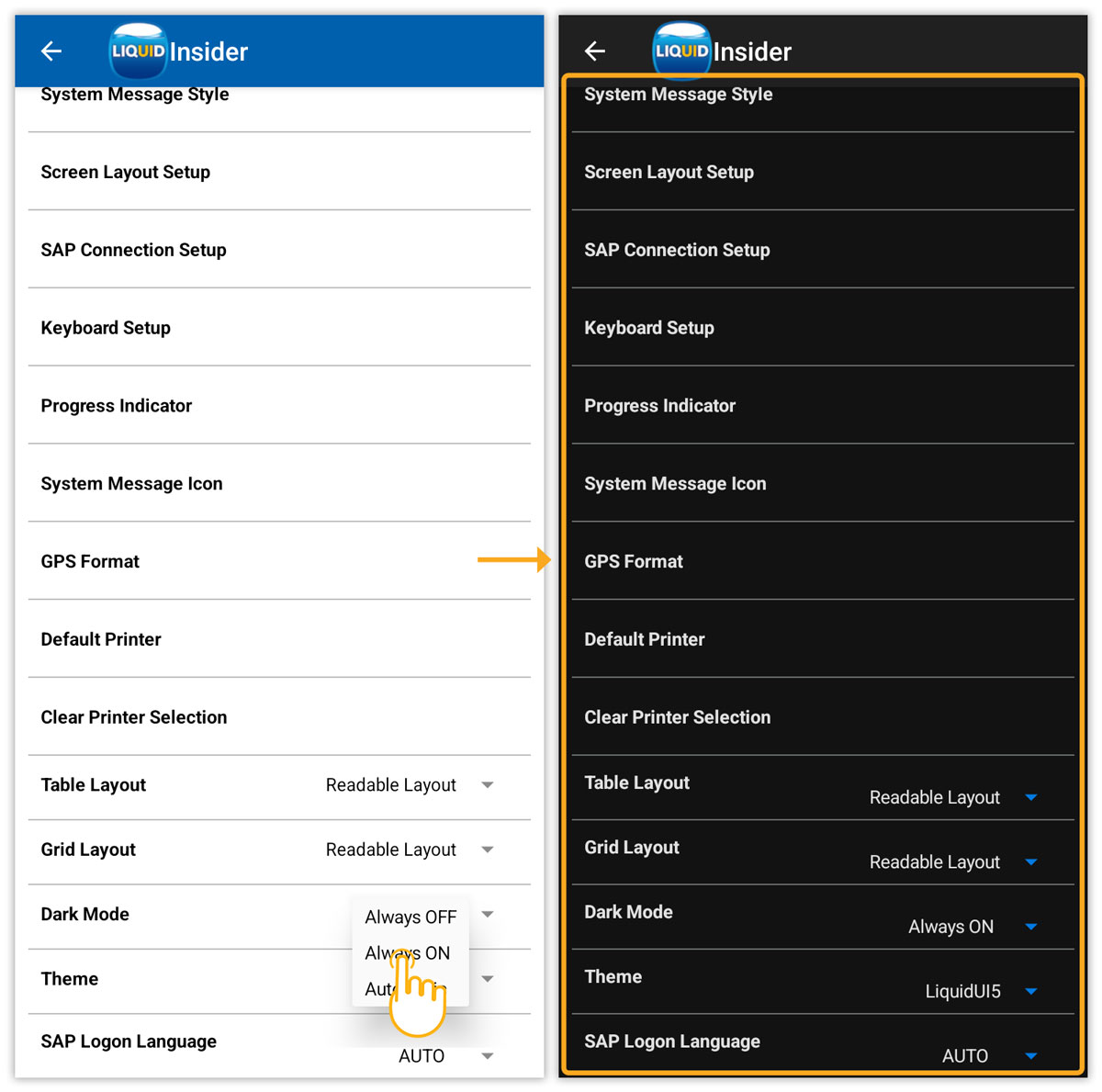 Select Always on to align Dark Mode with device settings