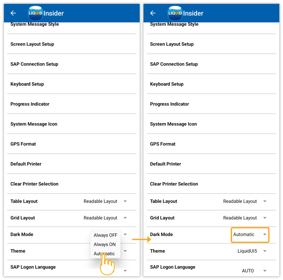 Select Automatic to align Dark Mode with device settings