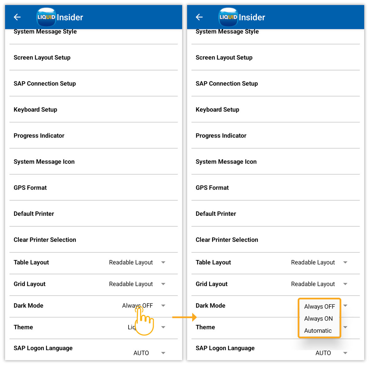 On Insider screen, scroll to Dark Mode and view its three dropdown options
