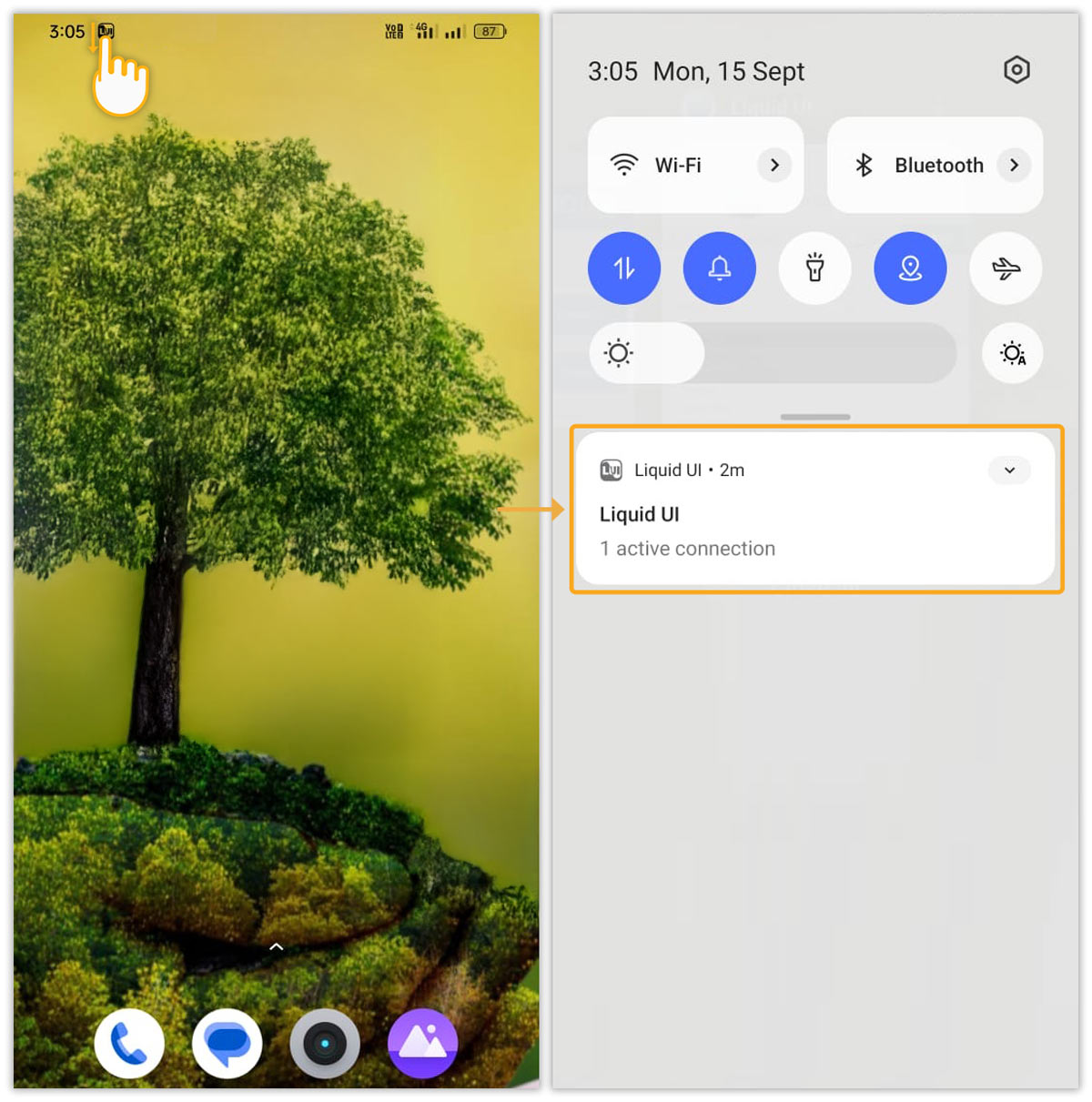 Swipe down to view active sessions
