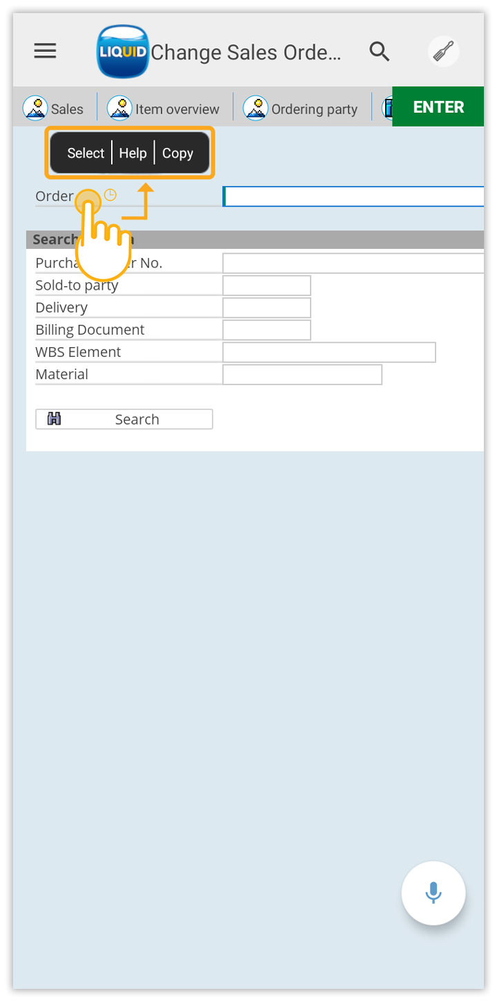 Long-press Order label to view Select, Help, and Copy pop-up options