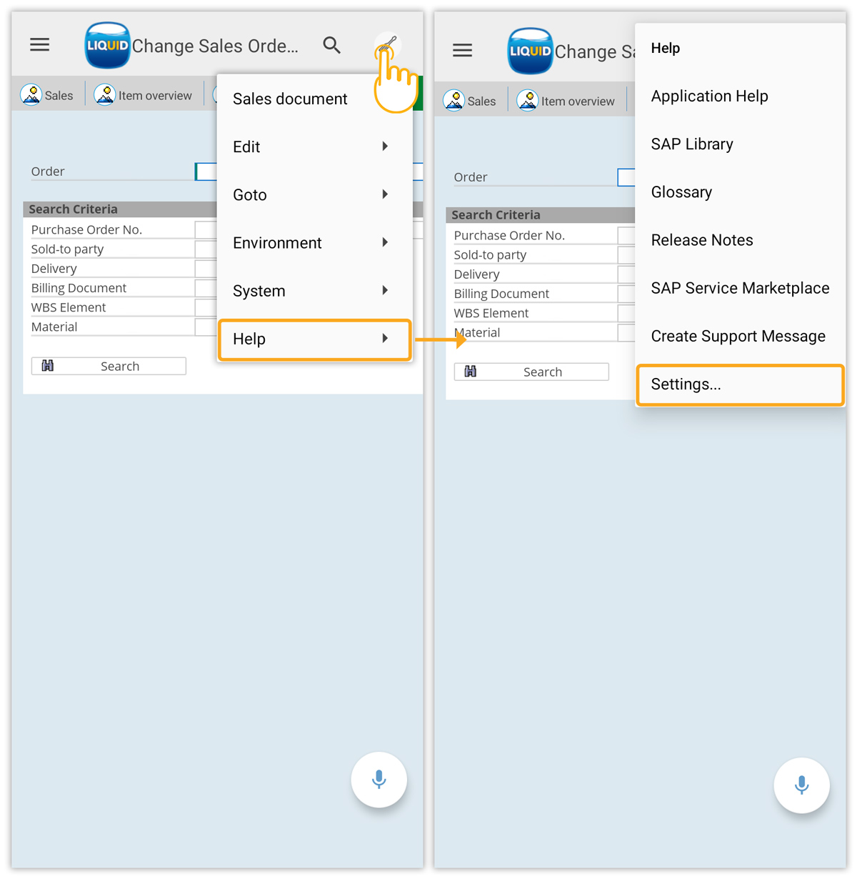 Navigate to VA02 and open Help Settings from the System menu