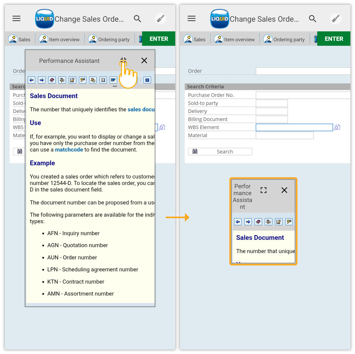 Long-press Order label to view Select, Help, and Copy pop-up options