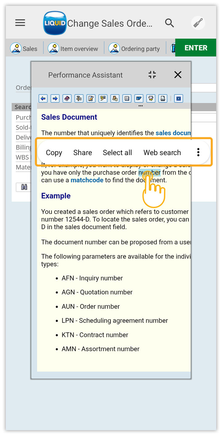 Long-press Order label to view Select, Help, and Copy pop-up options
