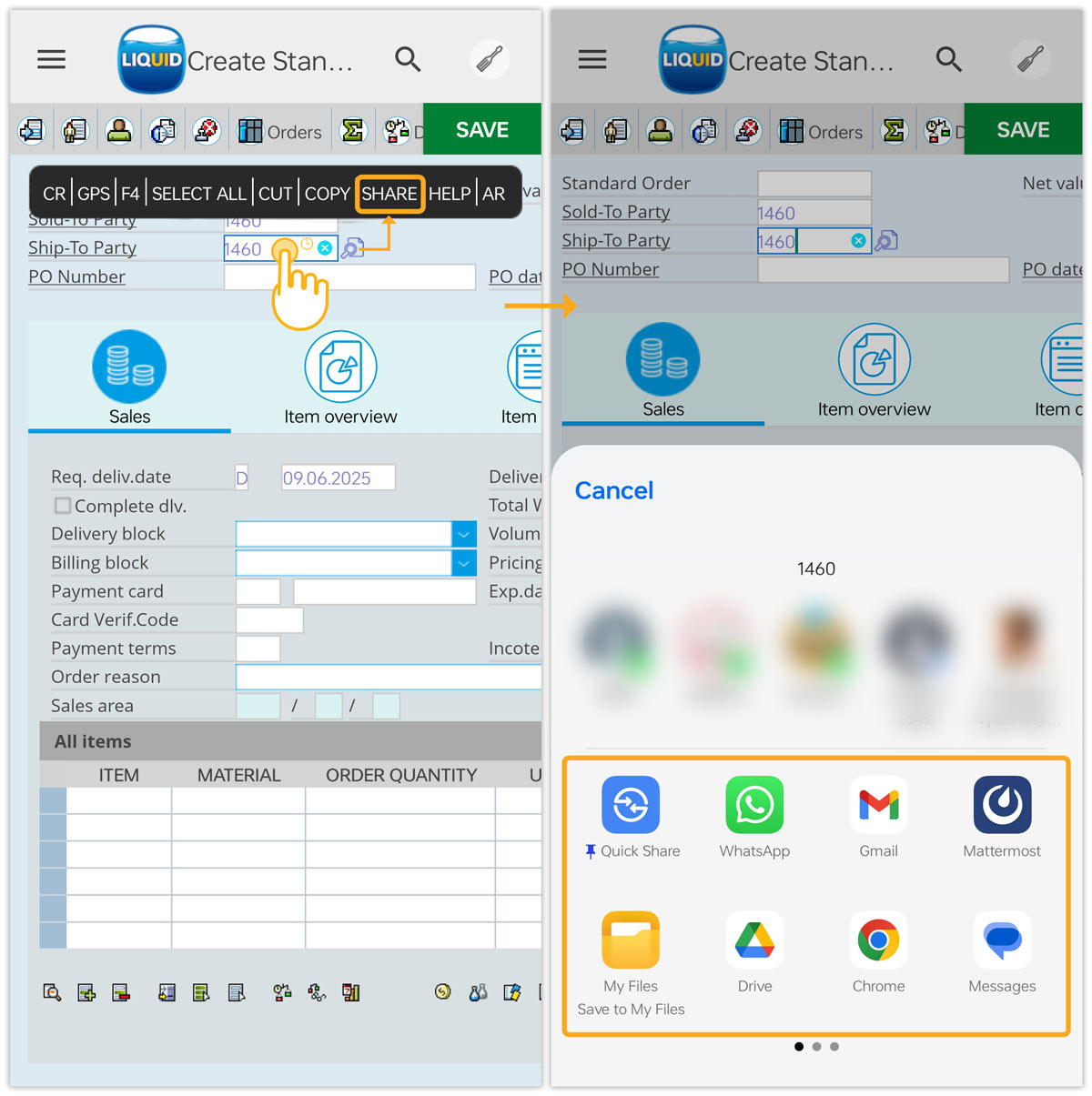 After Liquid UI – Share option to quickly share input field details via various apps.