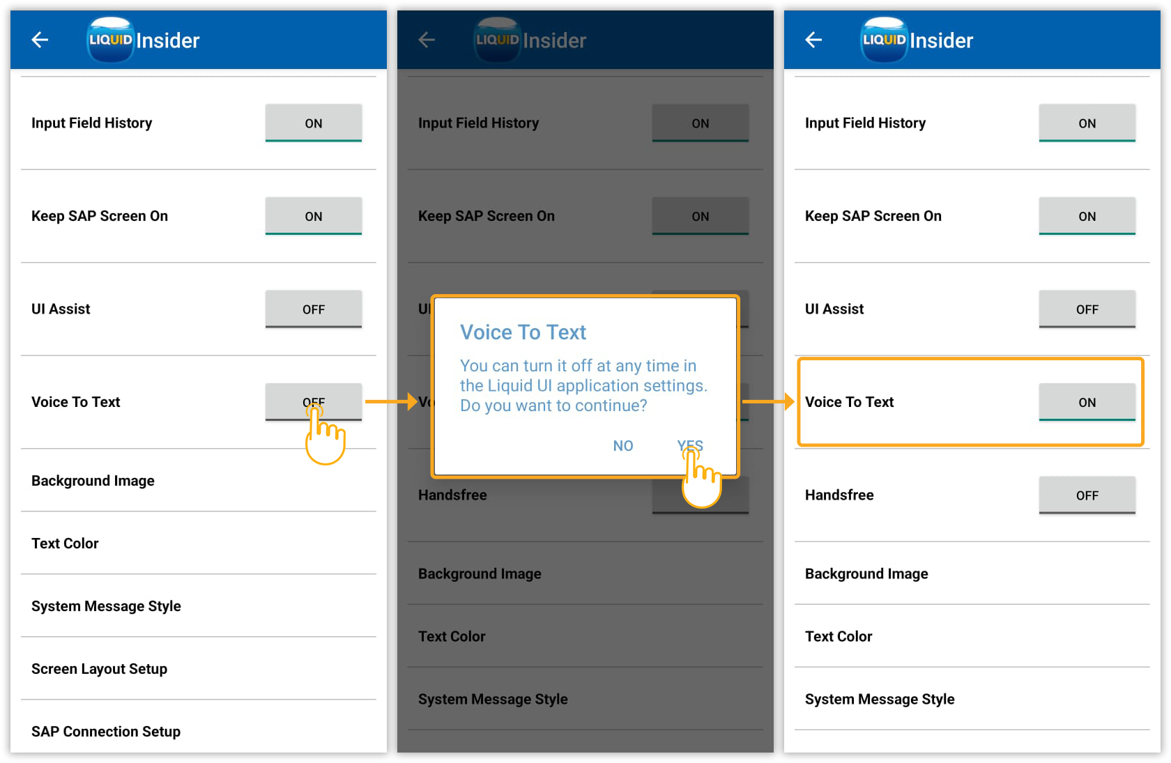 On the app settings screen, scroll down through the Voice To Text option