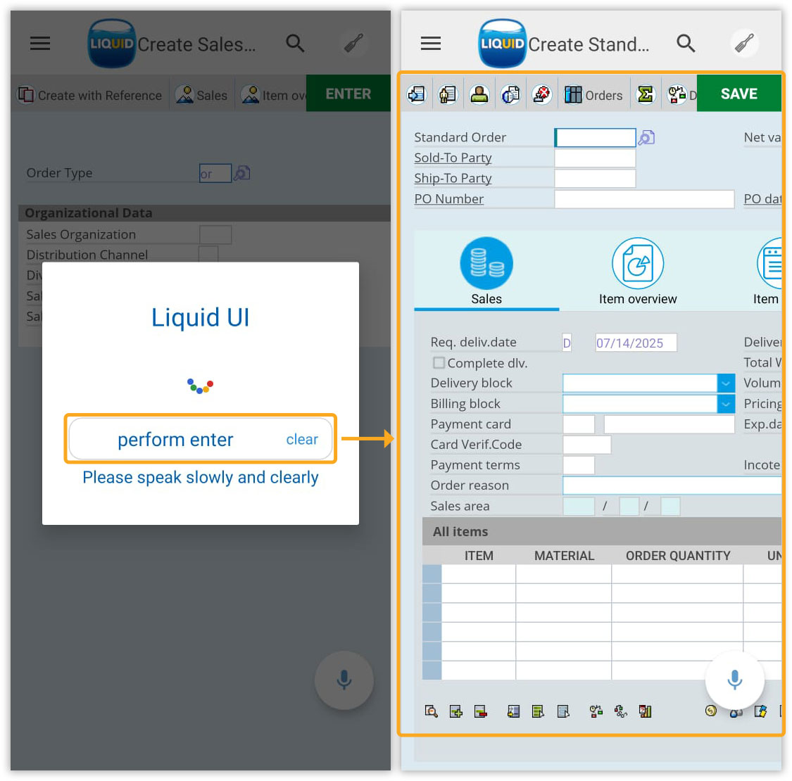 Voice assistant executes Enter to open Create Standard Order: Overview screen