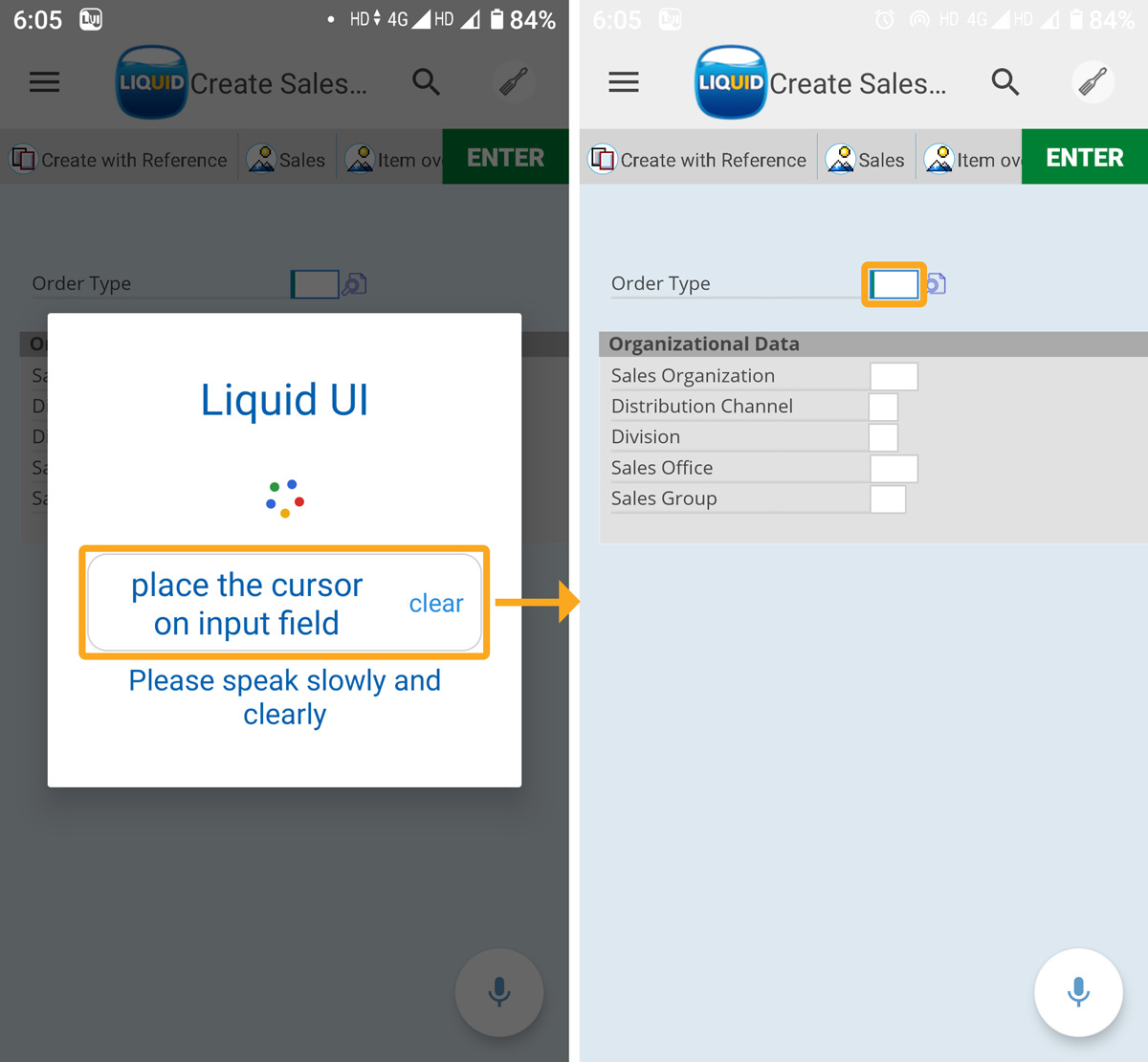 Voice assistant places cursor on the Order Type input field