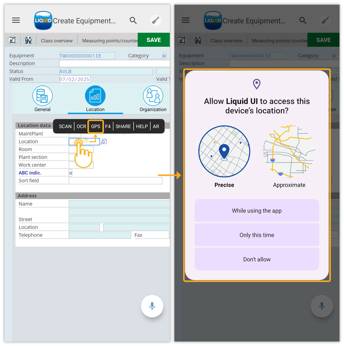 Inserts device’s current GPS coordinates into selected SAP field