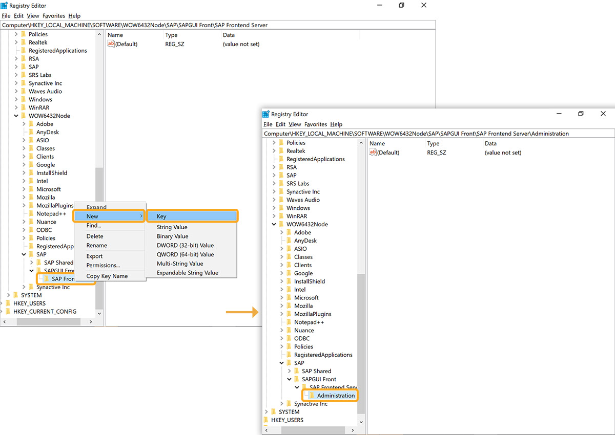 Create new key named Administration under SAP Frontend Server in Registry Editor