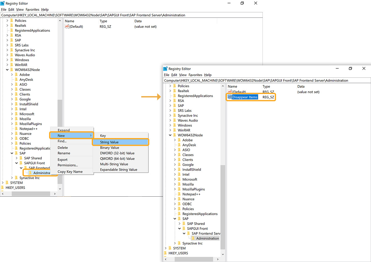 Add string value named Disappear Items under Administration in Registry Editor