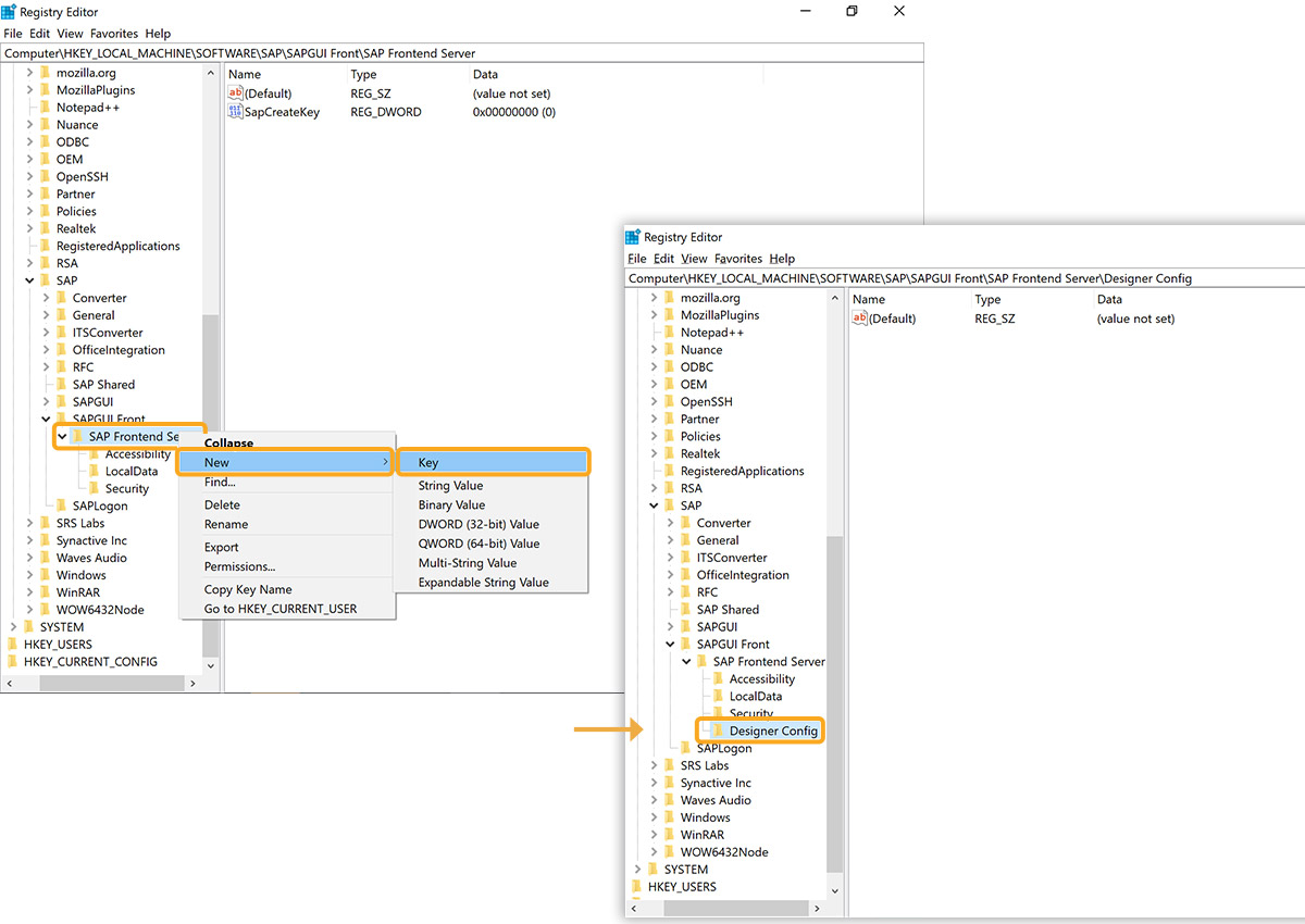 Create new key named Designer Config under SAP Frontend Server in Registry Editor