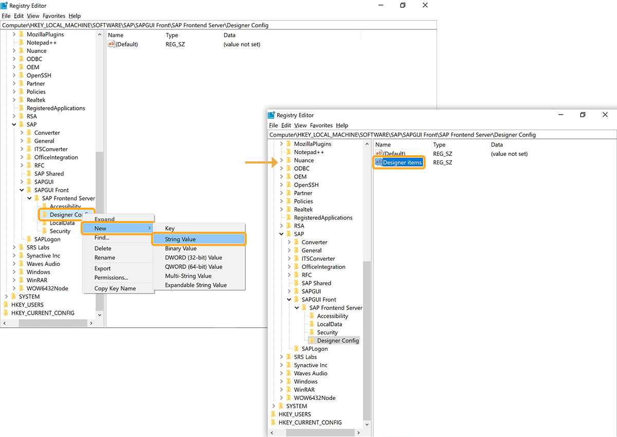 Add new string value named Designer items under Designer Config in Registry Editor