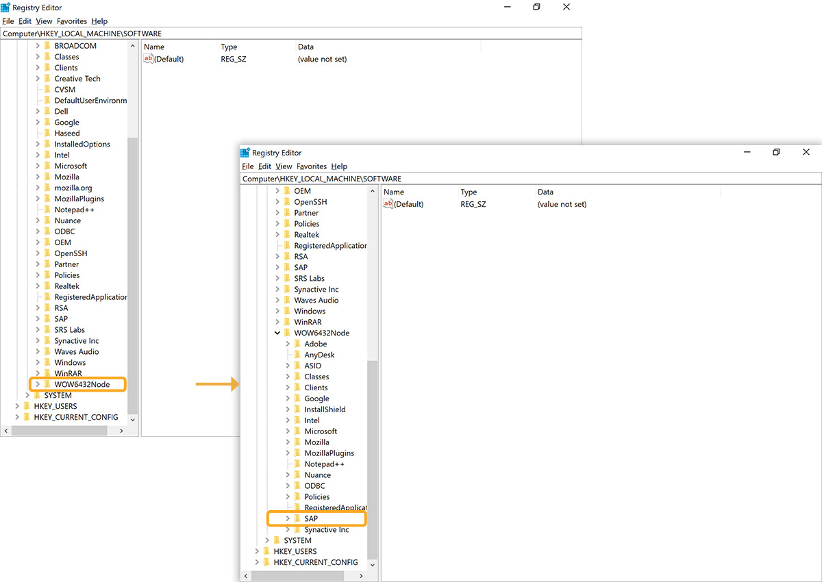 Navigate to WOW6432Node->SAP