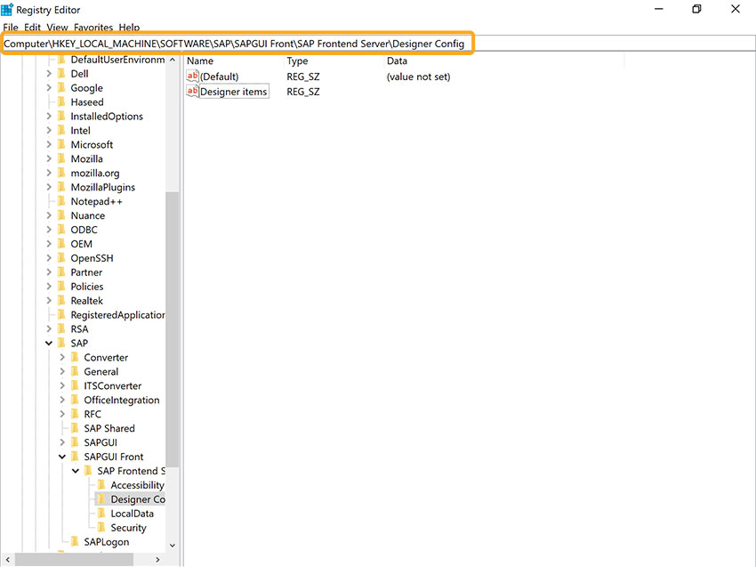 Registry path to Designer Config under SAP Frontend Server settings