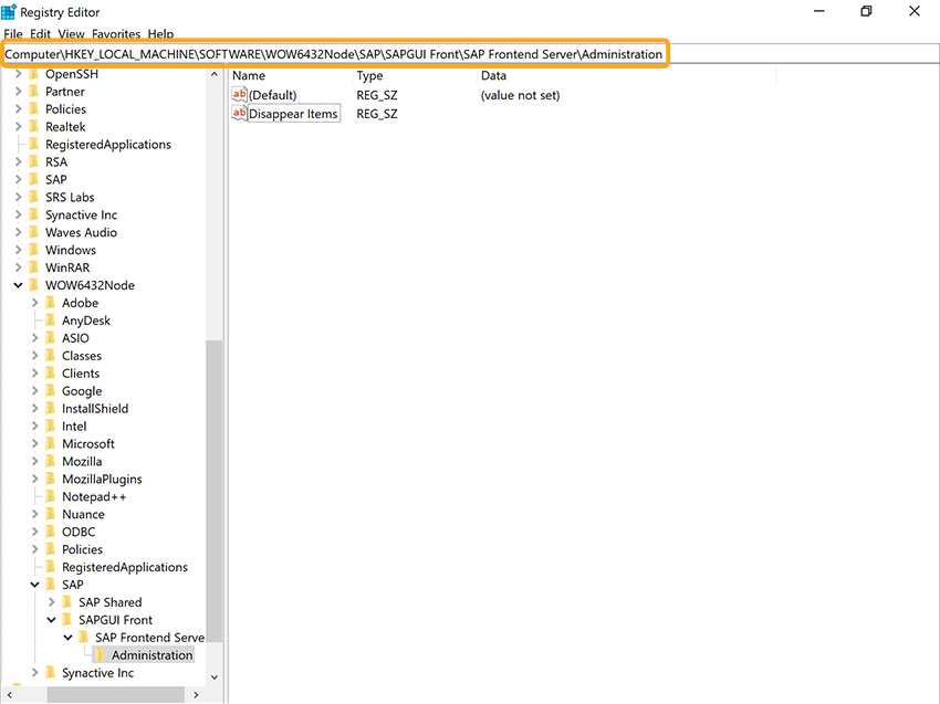 Registry path to Administration under SAP Frontend Server settings