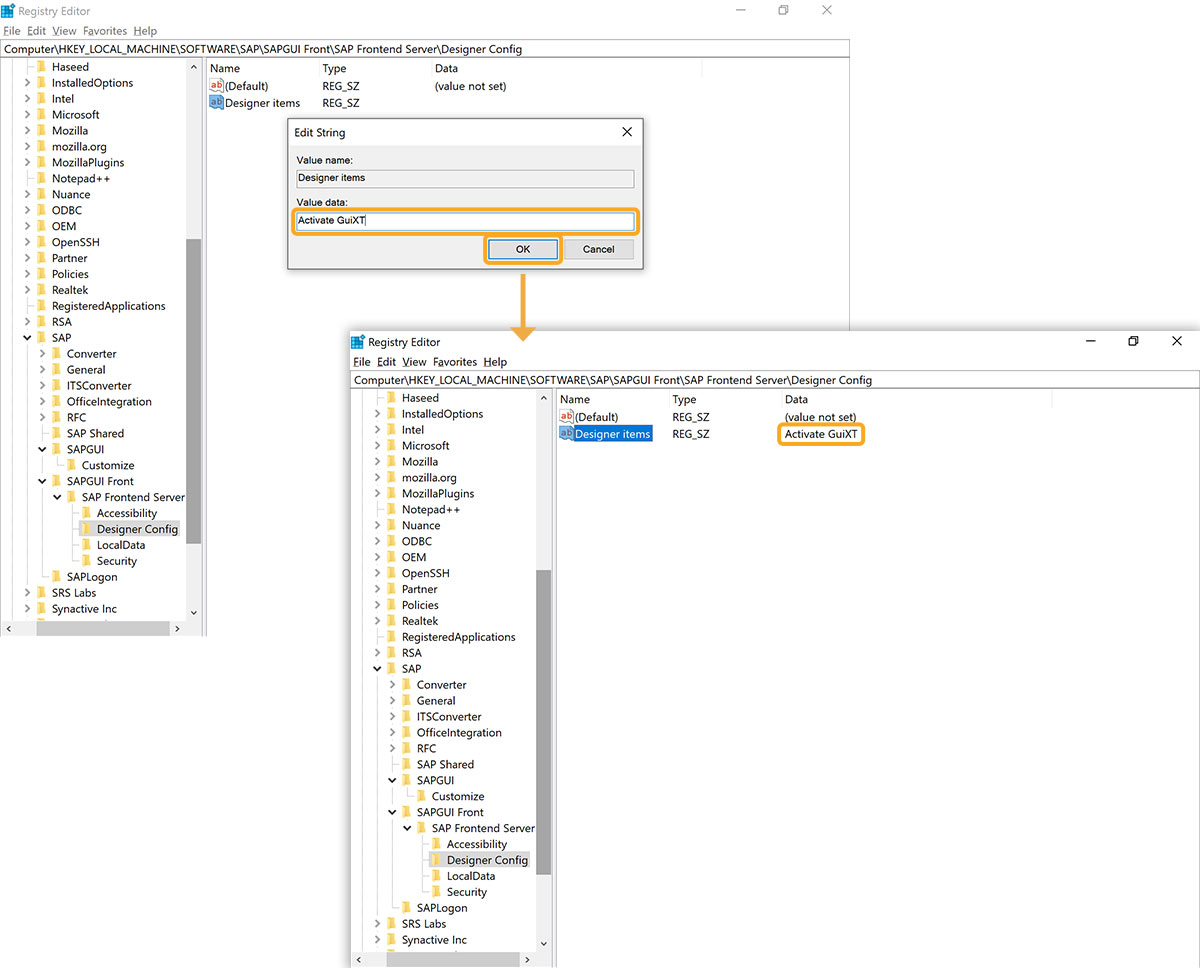 Sets Designer items value to Activate GuiXT in Registry Editor