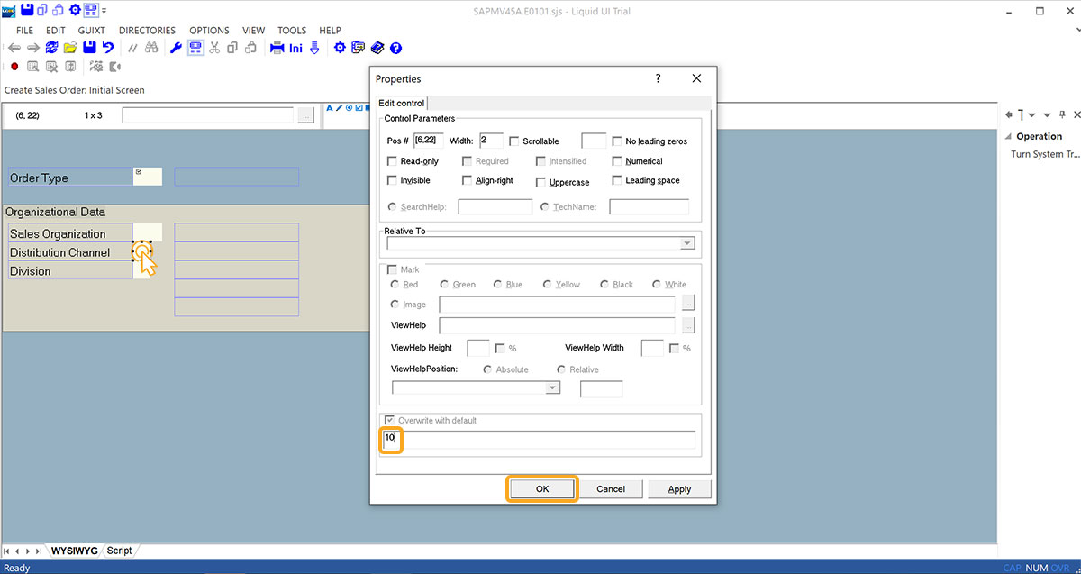 Entering 10 as default in Distribution Channel field using Overwrite with default option
