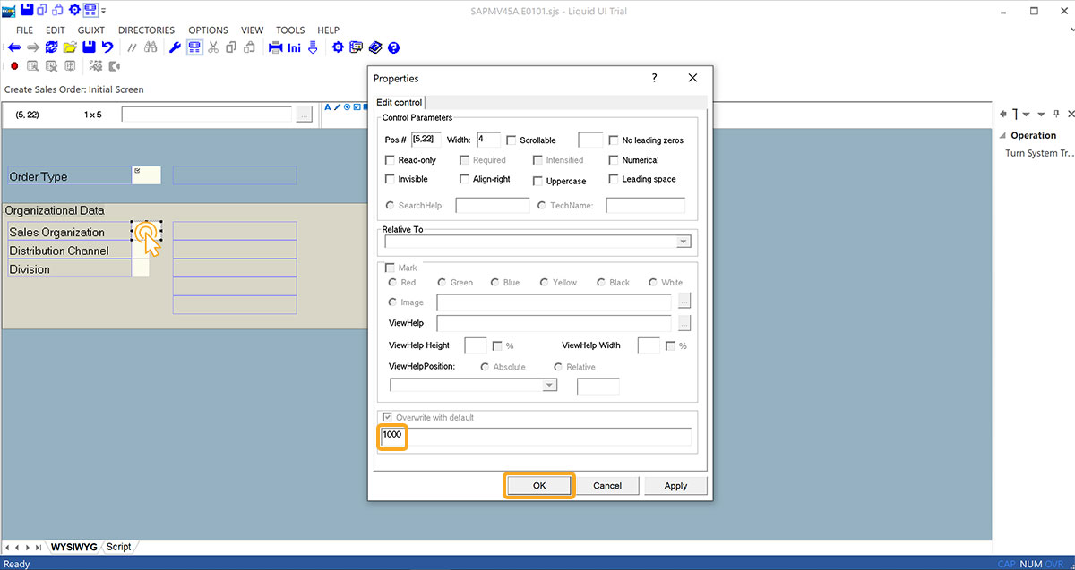 Entering 1000 as default in Sales Organization field using Overwrite with default option