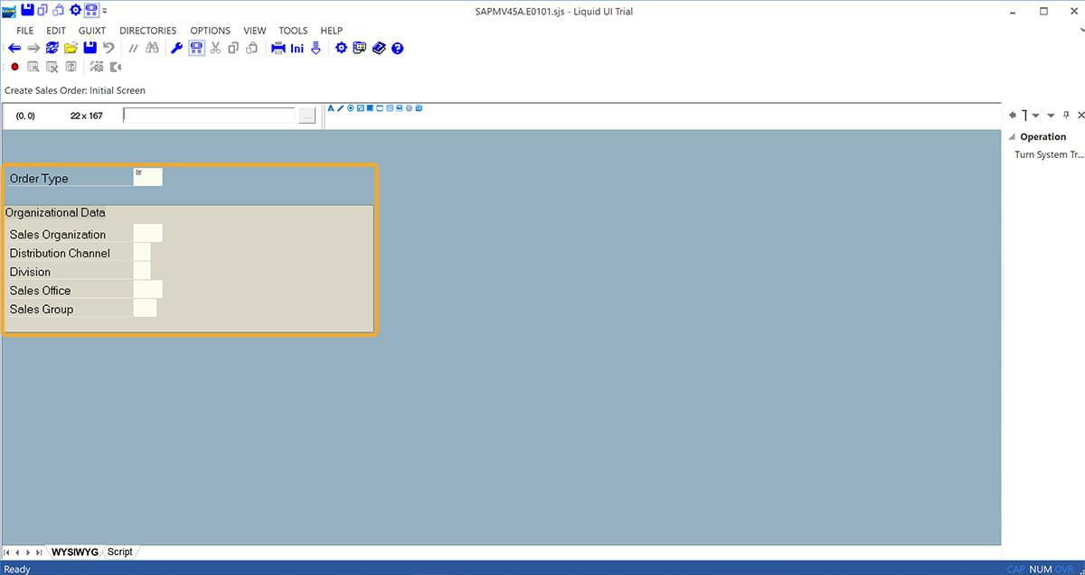 VA01 screen opened in Liquid UI Designer for customization