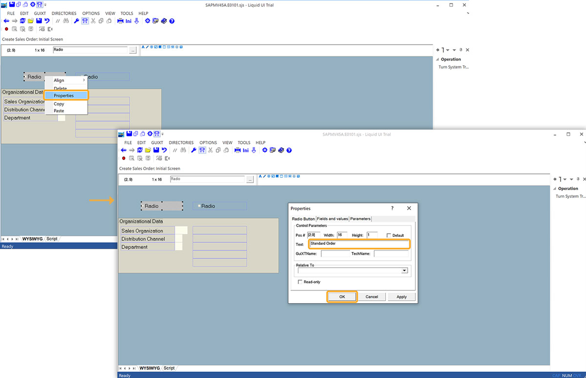 First radio button labeled as Standard Order using Properties