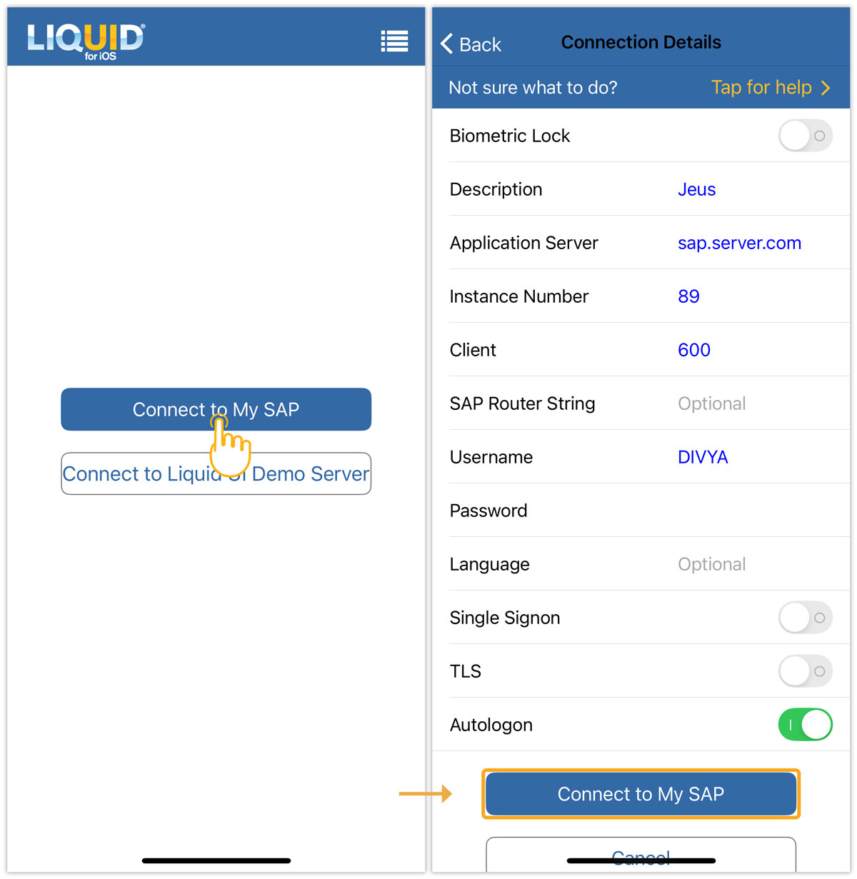 Connect to My SAP lets you add a new SAP server by entering details and tapping Connect