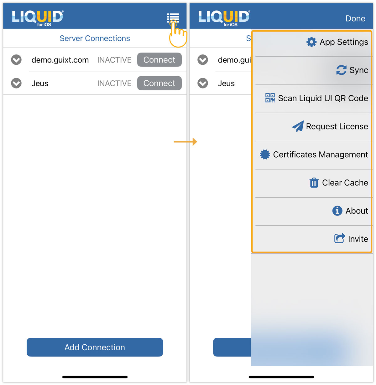 The Main Menu, accessed from the top-right corner or by swiping left, lets you configure Liquid UI for iOS settings