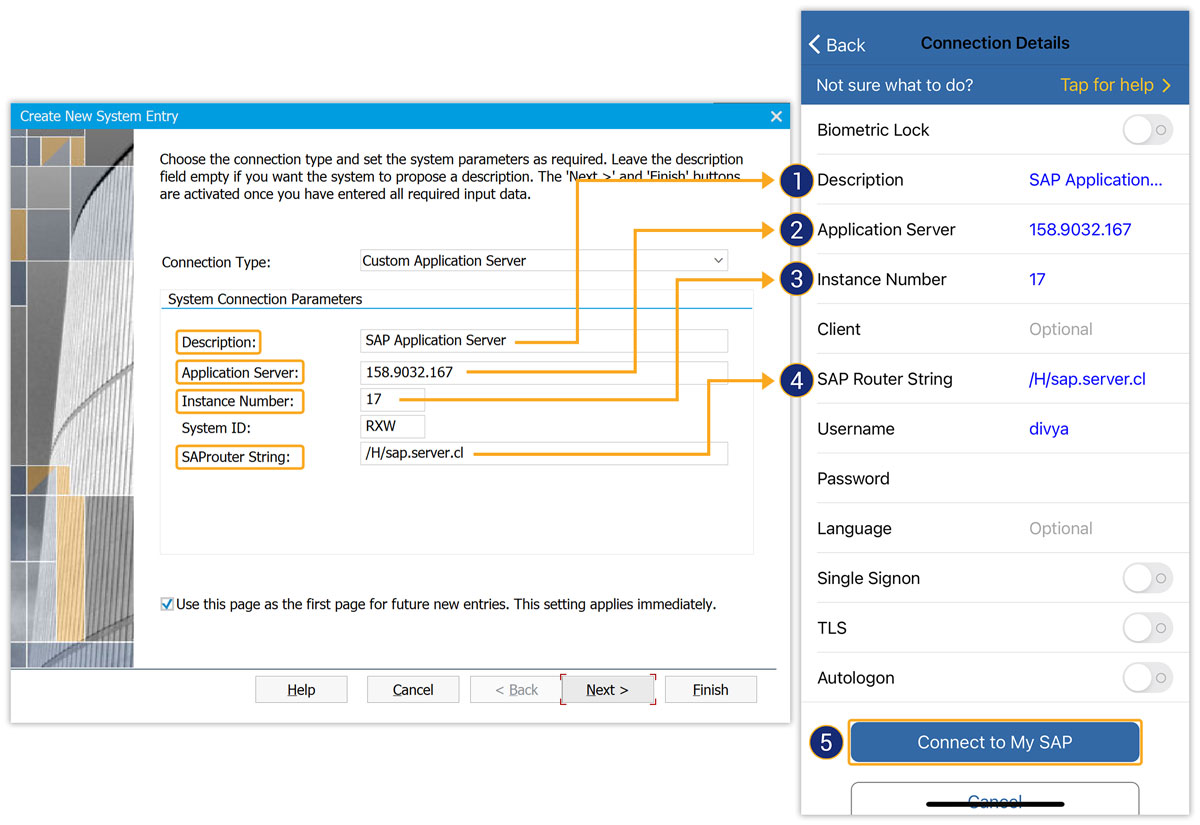 Connect to SAP Application Server using SAProuter string, server name, instance number, and client