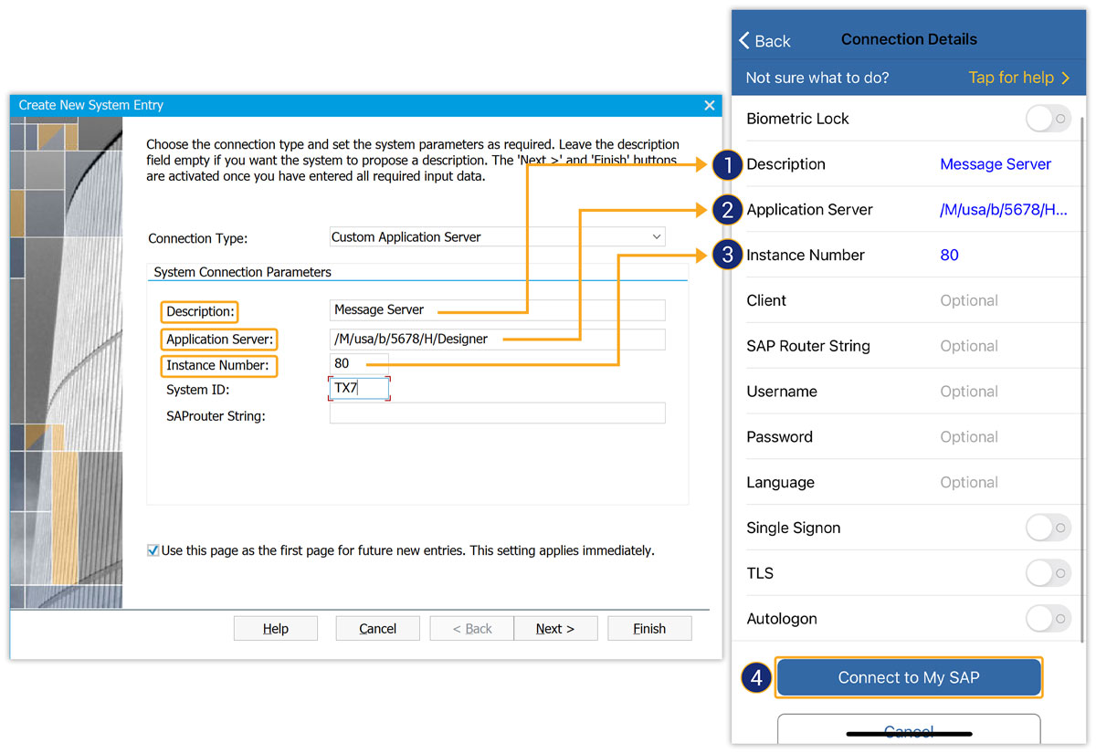 Connect to SAP Message Server using server name (M), port (S), group (G), instance number, and client