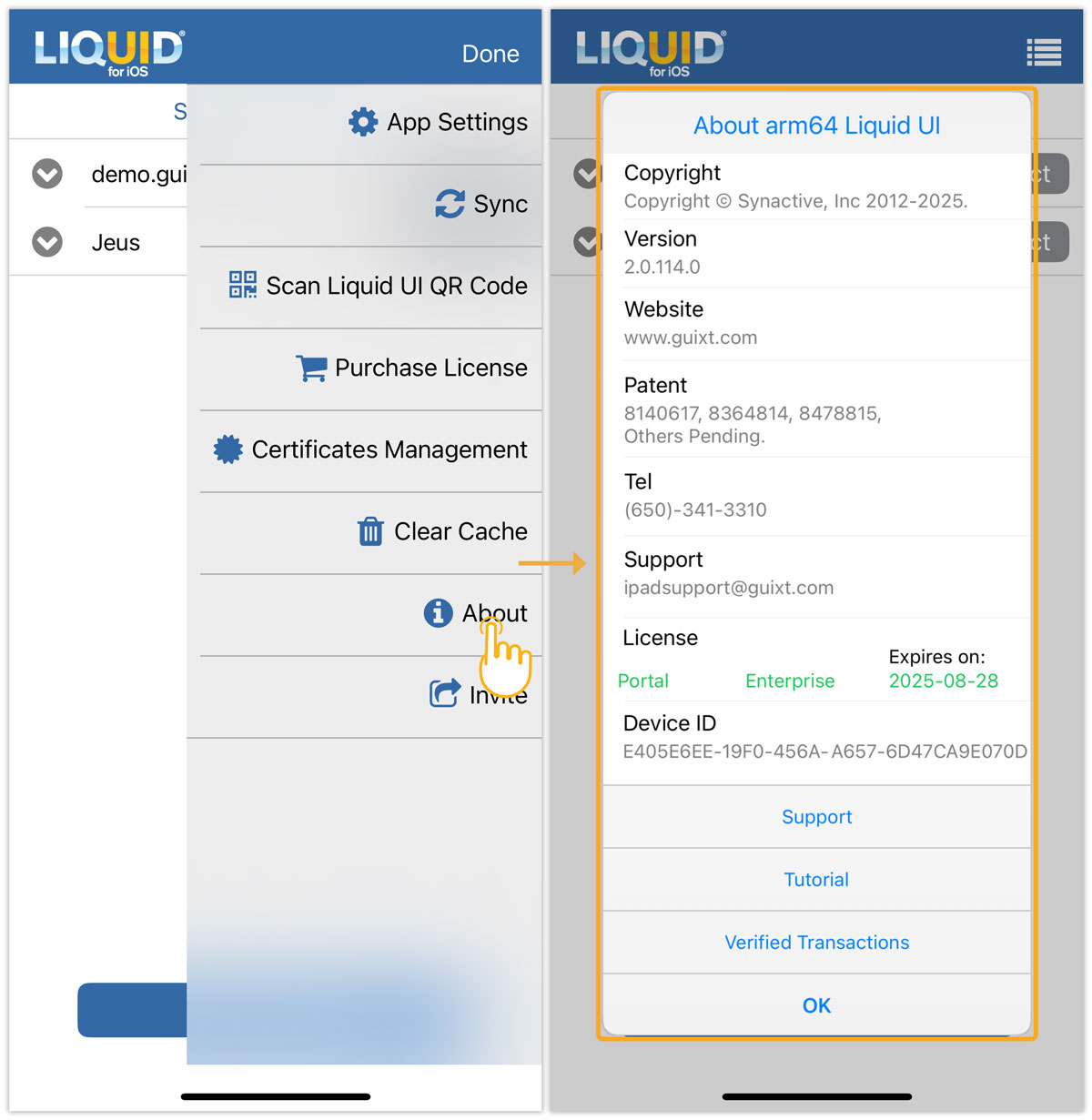 Shows key details about Liquid UI for iOS and its licensing