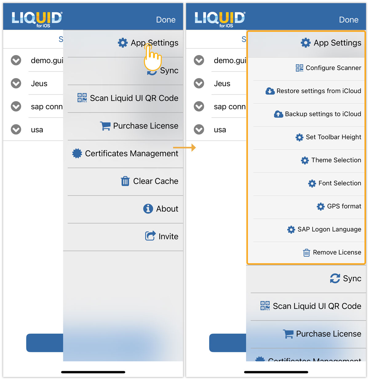 App Settings let you manage scanner, iCloud, toolbar, theme, font, GPS, language, and license