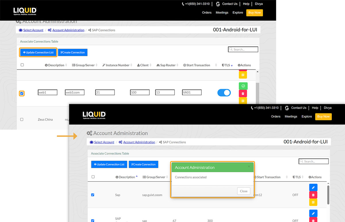 Selecting SAP connection for Liquid UI for iOS and confirmation message