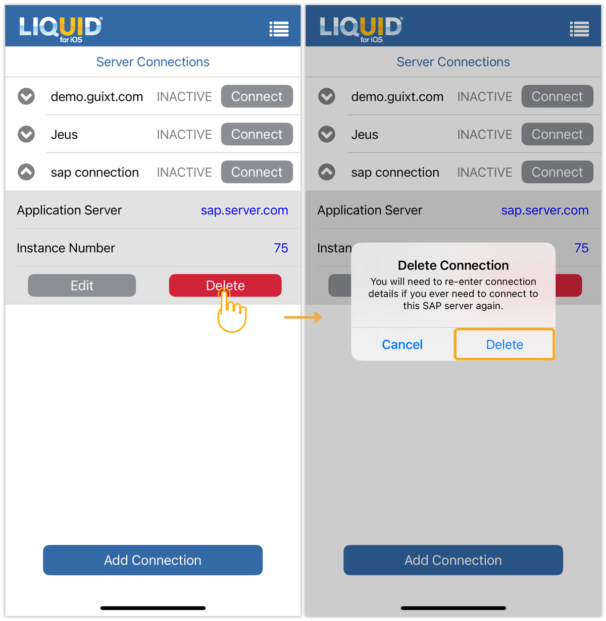 Select the SAP connection, tap Delete, and confirm in the alert