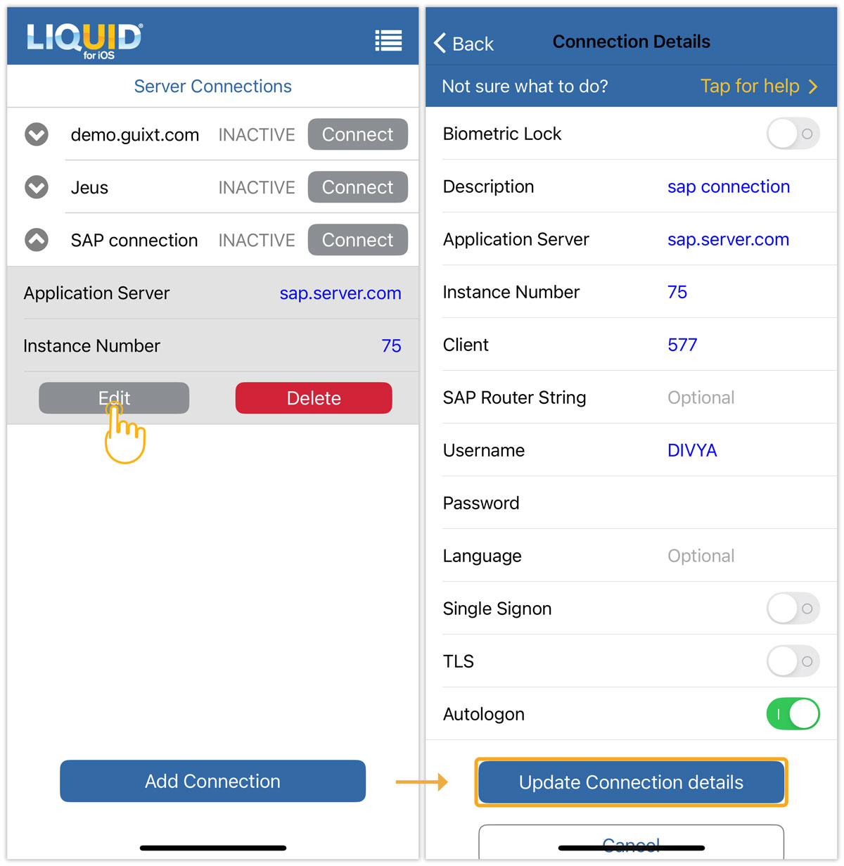 Select the SAP connection, tap Edit, update the fields, and tap Update Connection Details to save