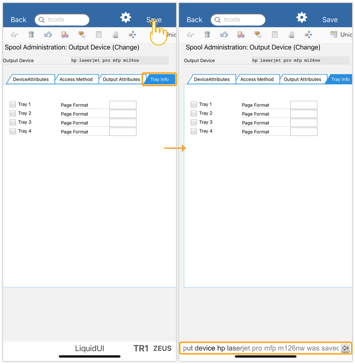 click tray info tab to choose page format for printing