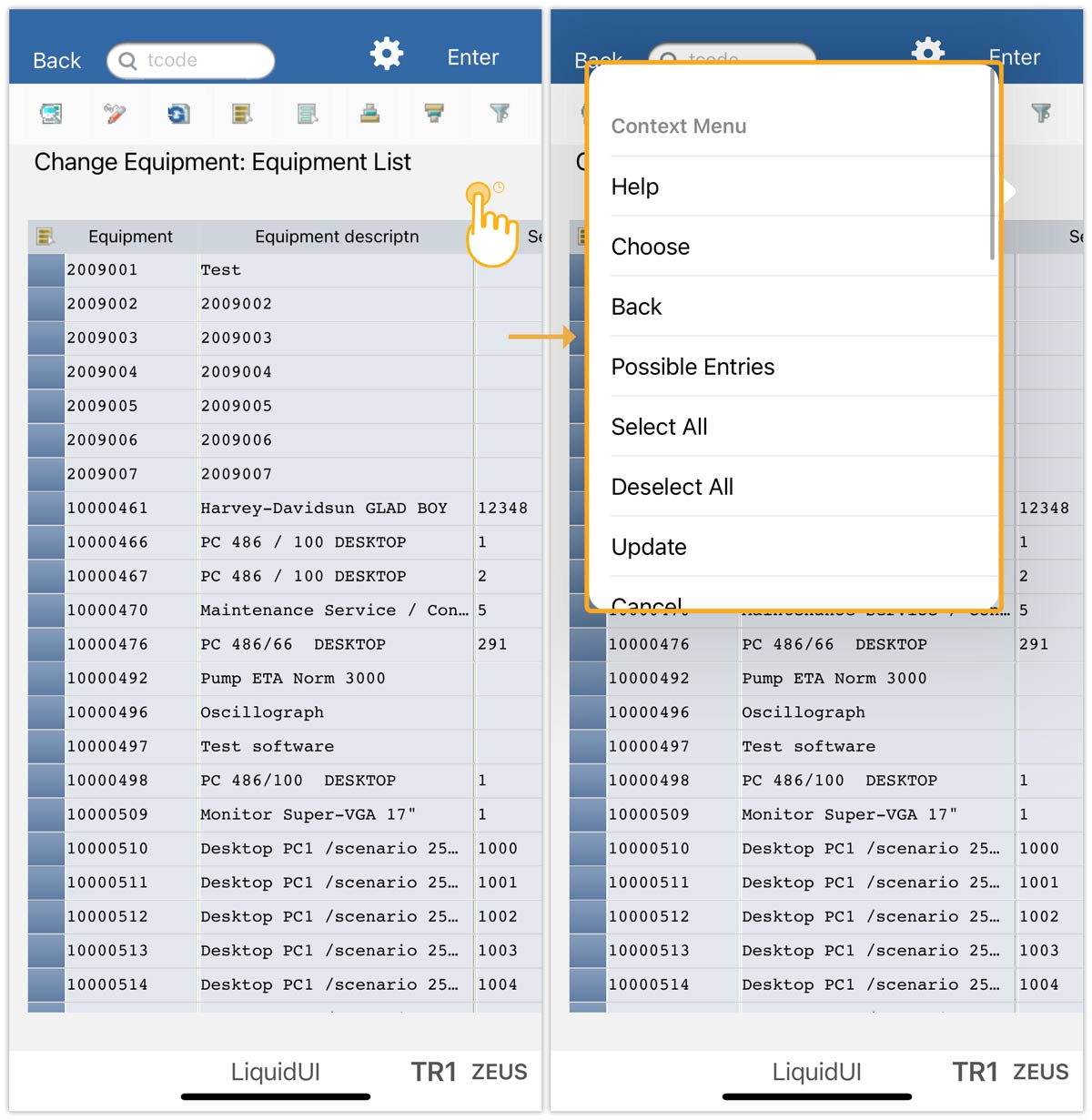 Context menu with options for sorting, filtering, and printing