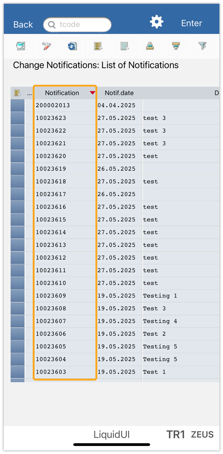 Notification column sorted with sort icon displayed in header