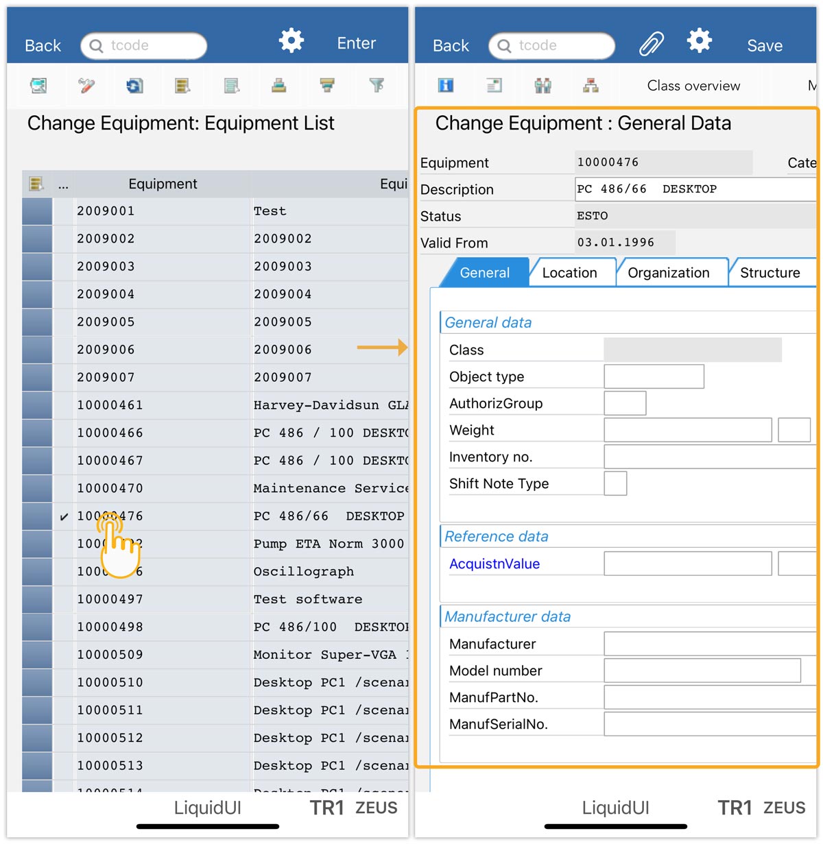 Double-tap grid cell to open General Data screen for selected entry